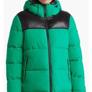 BCBGeneration Size XL Colorblock Hooded Puffer Jacket Kelly Green NWT $228